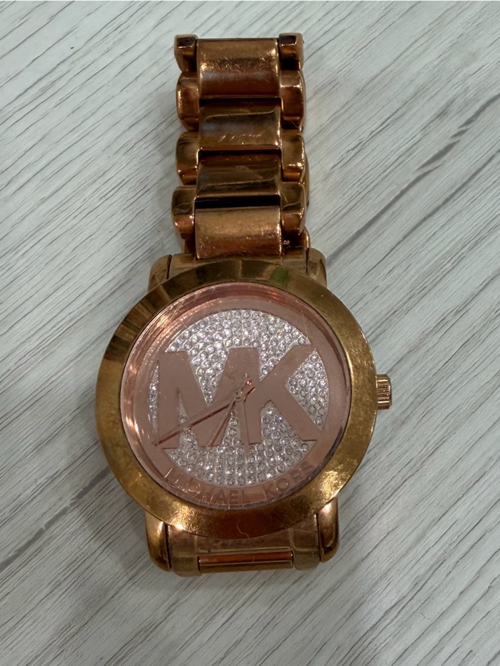 Michael Kors Rose Gold Tone Crystal Logo Bracelet Watch